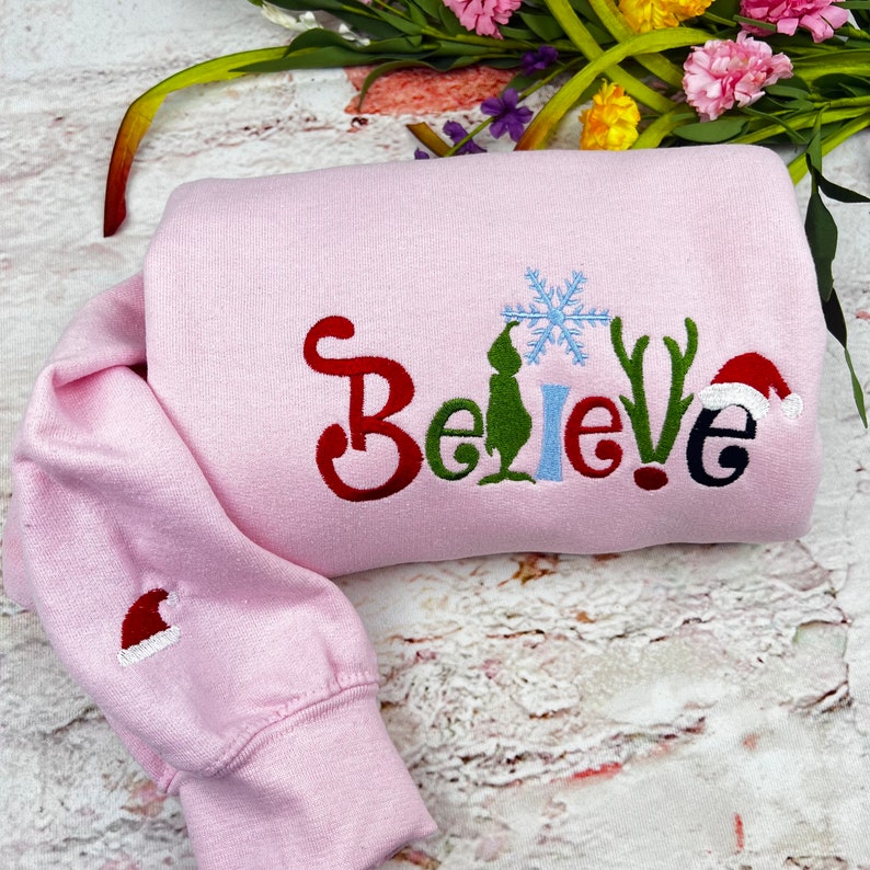 Christmas Sweatshirt Embroidered - Sweatshirts- Embroidered Sweatshirts - Christmas - Believe Santa