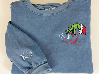 Custom Nurse Grinch Hand Embroidered Shirt