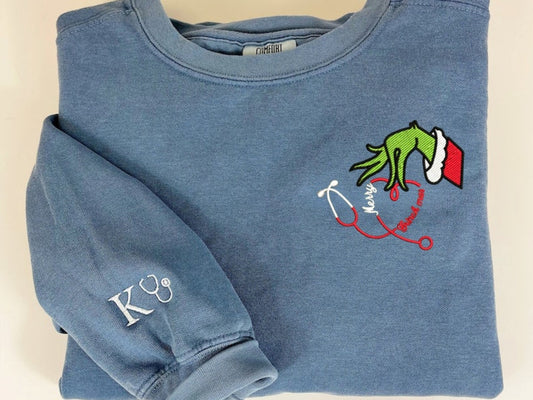 Custom Nurse Grinch Hand Embroidered Shirt