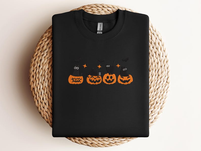 Embroidered Cute Halloween Cat Sweatshirt – Black Cats in Pumpkins Embroidery – Spooky Fall Crewneck – Cozy Autumn Sweater