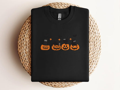 Embroidered Cute Halloween Cat Sweatshirt – Black Cats in Pumpkins Embroidery – Spooky Fall Crewneck – Cozy Autumn Sweater