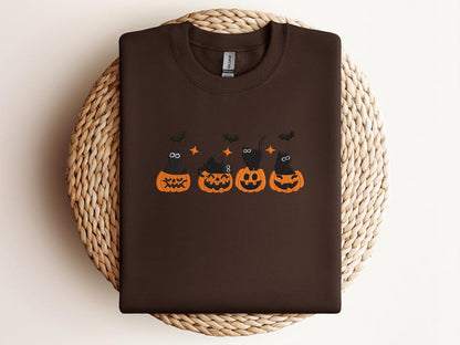 Embroidered Cute Halloween Cat Sweatshirt – Black Cats in Pumpkins Embroidery – Spooky Fall Crewneck – Cozy Autumn Sweater