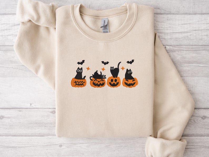 Embroidered Cute Halloween Cat Sweatshirt – Black Cats in Pumpkins Embroidery – Spooky Fall Crewneck – Cozy Autumn Sweater