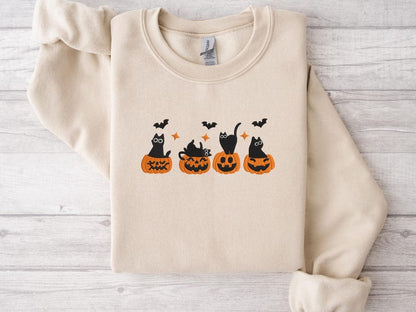 Embroidered Cute Halloween Cat Sweatshirt – Black Cats in Pumpkins Embroidery – Spooky Fall Crewneck – Cozy Autumn Sweater