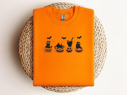 Embroidered Cute Halloween Cat Sweatshirt – Black Cats in Pumpkins Embroidery – Spooky Fall Crewneck – Cozy Autumn Sweater