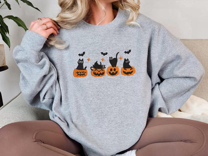Embroidered Cute Halloween Cat Sweatshirt – Black Cats in Pumpkins Embroidery – Spooky Fall Crewneck – Cozy Autumn Sweater