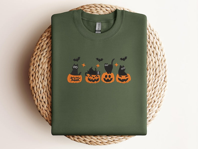 Embroidered Cute Halloween Cat Sweatshirt – Black Cats in Pumpkins Embroidery – Spooky Fall Crewneck – Cozy Autumn Sweater