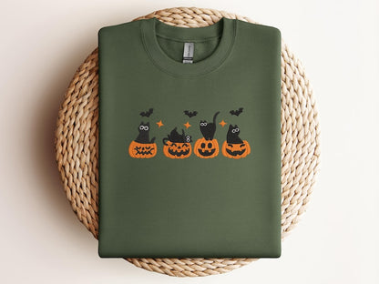 Embroidered Cute Halloween Cat Sweatshirt – Black Cats in Pumpkins Embroidery – Spooky Fall Crewneck – Cozy Autumn Sweater