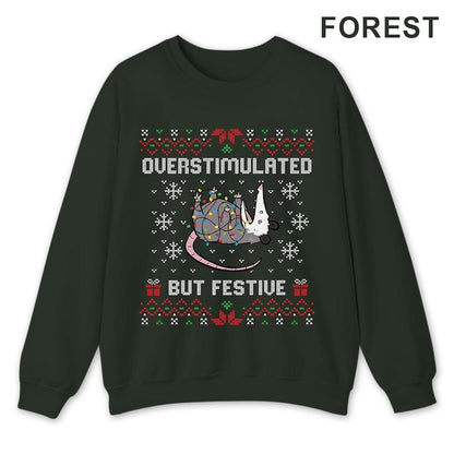 Funny Opossum Ugly Christmas Sweatshirt: Overstimulated But Festive