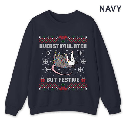 Funny Opossum Ugly Christmas Sweatshirt: Overstimulated But Festive