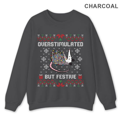 Funny Opossum Ugly Christmas Sweatshirt: Overstimulated But Festive