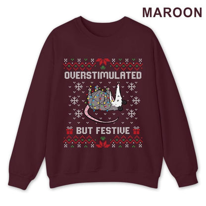 Funny Opossum Ugly Christmas Sweatshirt: Overstimulated But Festive