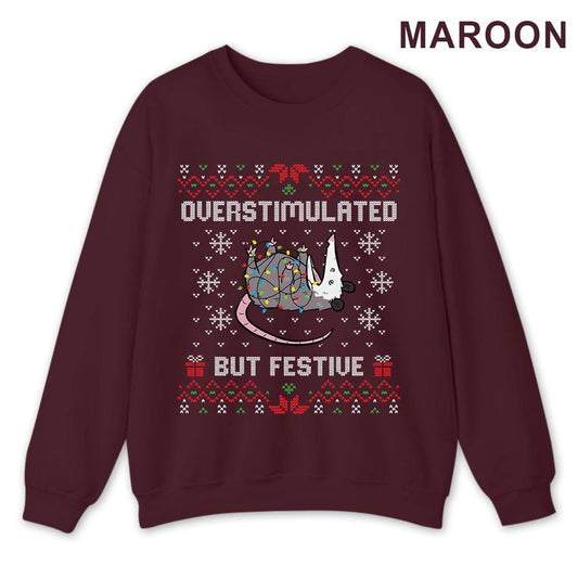 Funny Opossum Ugly Christmas Sweatshirt: Overstimulated But Festive